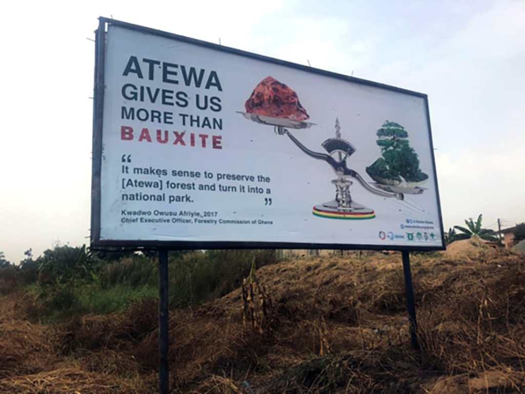 Street sign showing bauxite in atewa ghana