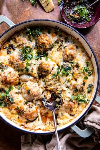 Baked Lemon Rosemary Chicken Meatballs and Creamy Orzo | halfbakedharvest.com