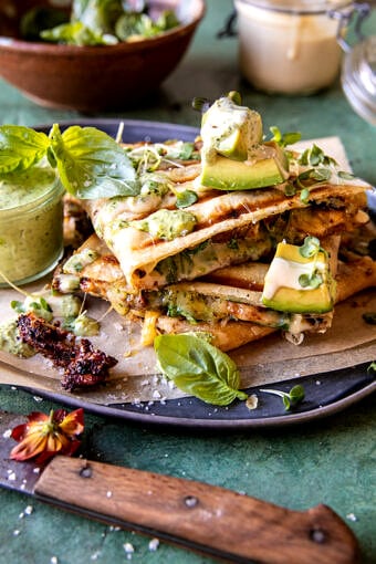 Black Pepper Chicken and Bacon Quesadillas with Avocado Basil Ranch | halfbakedharvest.com