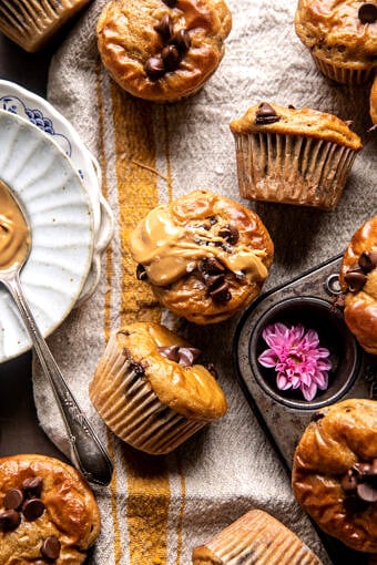 Blender Cottage Cheese Chocolate Chip Peanut Butter Banana Muffins | halfbakedharvest.com