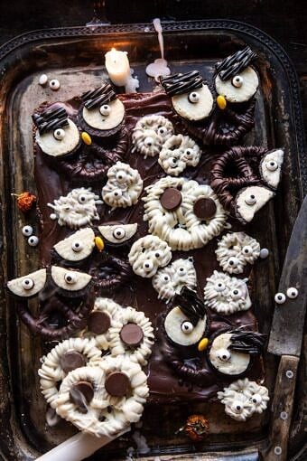 BOO! Spooky Monster Chocolate Covered Pretzel Brownies | halfbakedharvest.com #halloween #brownies #easyrecipes #dessert #fall