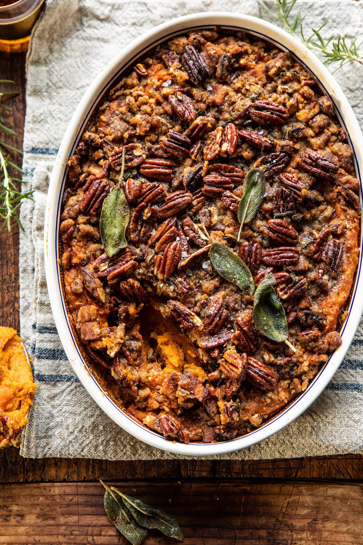 Bourbon Sweet Potato Casserole with Sweet n Savory Bacon Pecans | halfbakedharvest.com #sweetpotatoes #thanksgiving #casserole