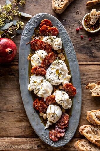 Burrata with Lemon Pepper Salami Bites | halfbakedharvest.com #burrata #appetizer #christmas