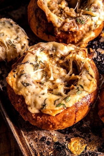 Creamy French Onion Soup Baked In Bread Bowls | halfbakedharvest.com