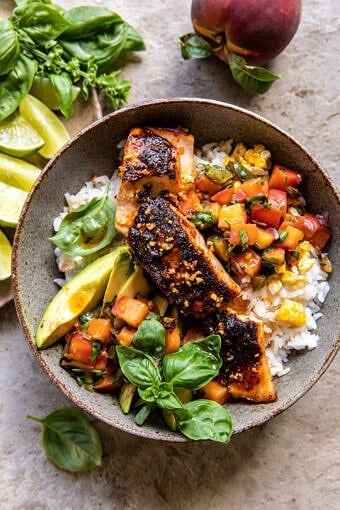 Crispy BBQ Salmon Bowls with Roasted Jalapeño Peach Salsa | halfbakedharvest.com