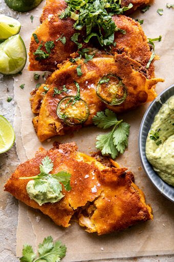 Crispy Cheese Chicken Tacos with Avocado Cilantro Sauce | halfbakedharvest.com