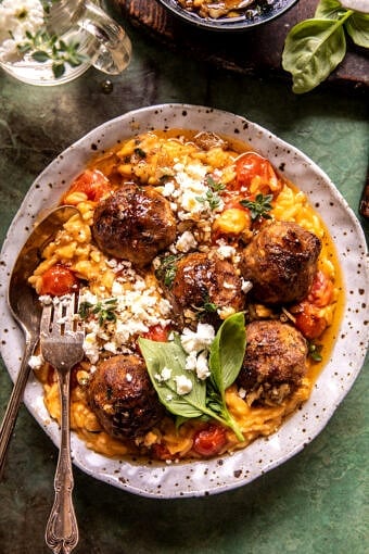 Crockpot Greek Chicken Meatballs with Creamy Tomato Orzo | halfbakedharvest.com