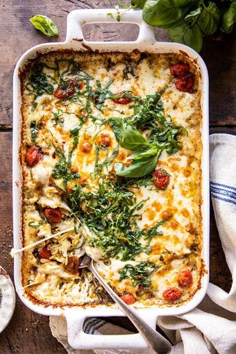 Easiest One Pan Caprese Pesto Orzo Bake | halfbakedharvest.com