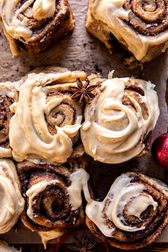 Fluffy Christmas Cinnamon Rolls with Caramel Cream Cheese Icing | halfbakedharvest.com