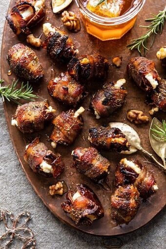 Goat Cheese Stuffed Bacon Wrapped Dates with Rosemary Honey | halfbakedharvest.com #dates #goatcheese #thanksgiving #appetizer