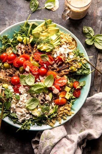 Greek Tahini Chicken and Feta Orzo Bowls | halfbakedharvest.com