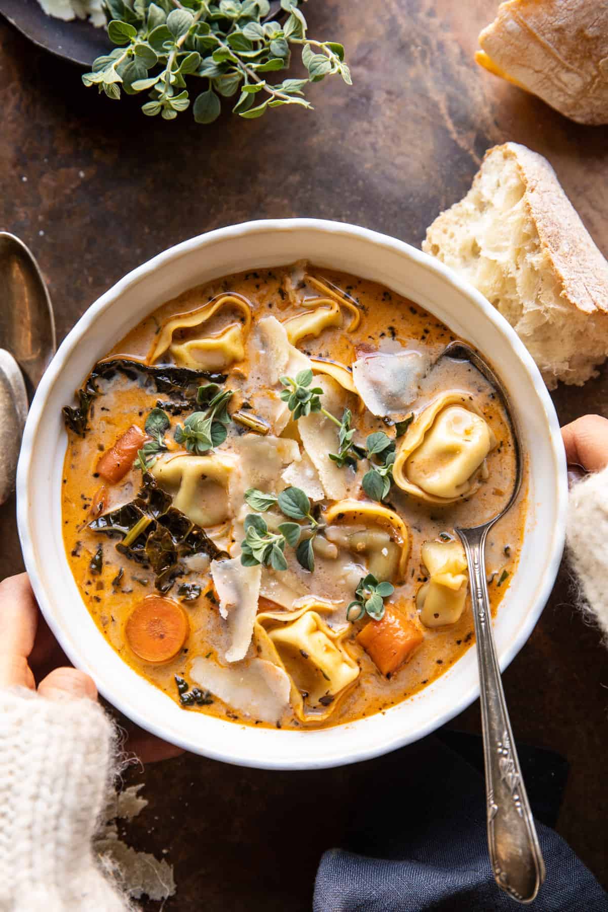 Healthier Slow Cooker Creamy Tortellini Vegetable Soup | halfbakedharvest.com