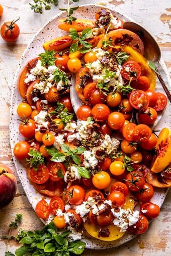 Hot Bacon Tomato Peach Goat Cheese Salad | halfbakedharvest.com