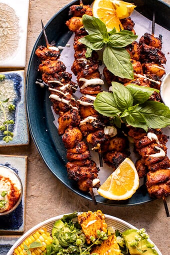 Lemon Feta Paprika Chicken Skewers with Charred Corn | halfbakedharvest.com