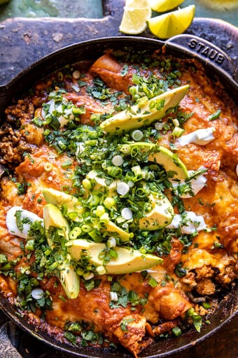 One Skillet Buffalo Ranch Chicken Enchilada Bake | halfbakedharvest.com