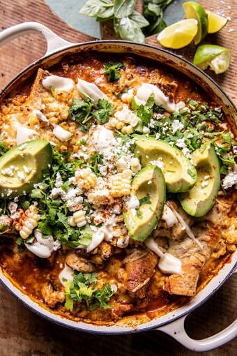 One Skillet Street Corn Chicken Enchilada Bake | halfbakedharvest.com