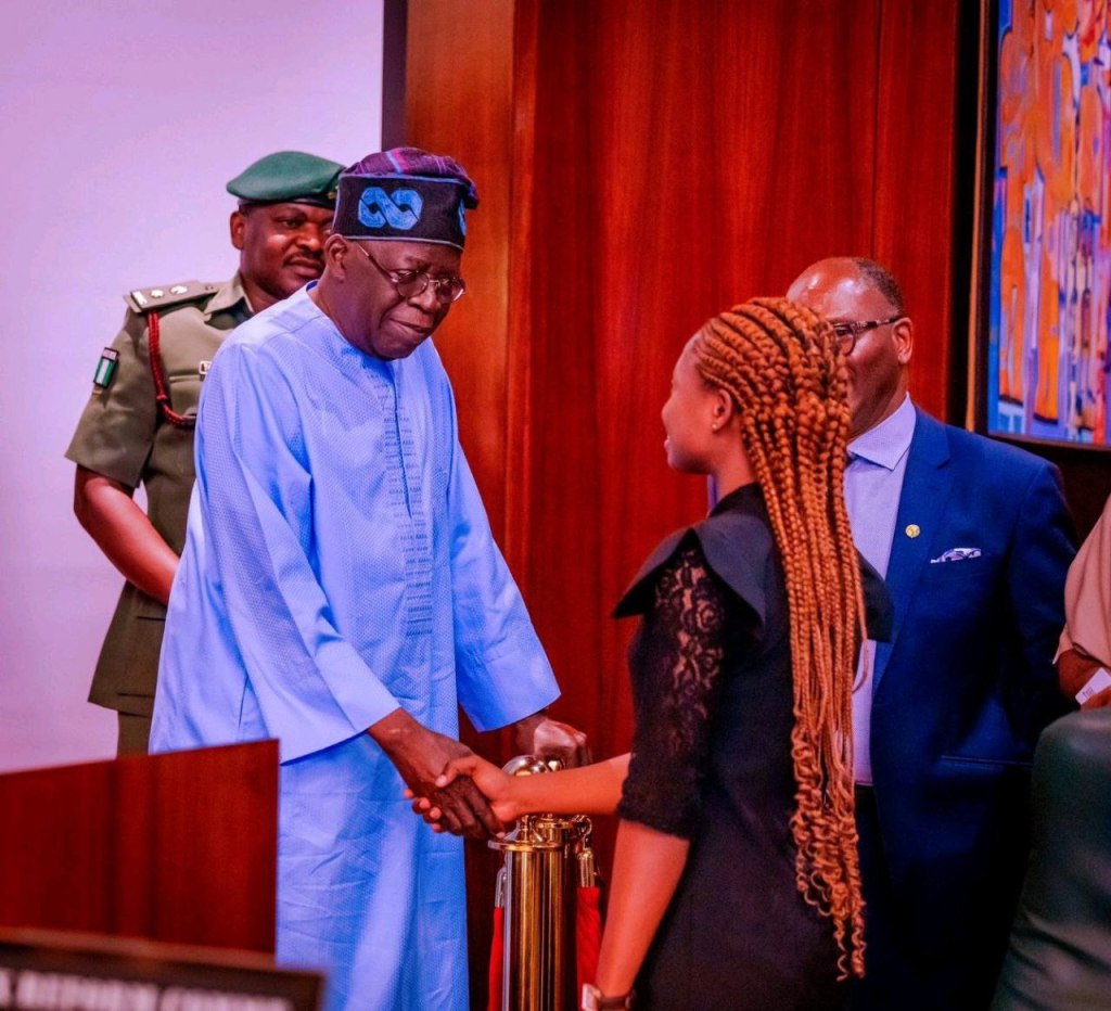 Miss Orire Agbaje being congratulated by President Bola Tinubu at the inauguration ceremony held at the Presidential Villa