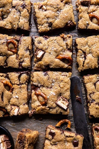 Pretzel Snickers Chocolate Chip Cookie Bars | halfbakedharvest.com