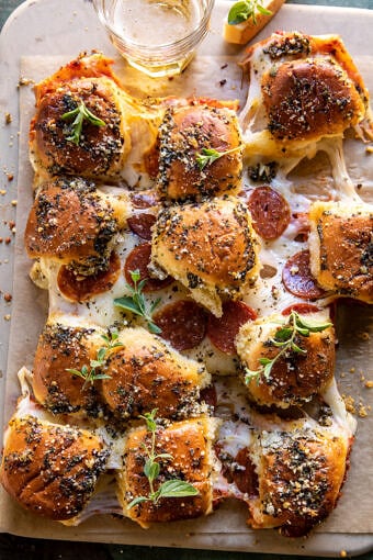 Pull Apart Roasted Garlic Pizza Dip Sliders | halfbakedharvest.com