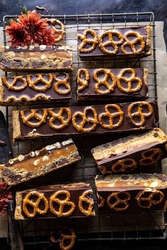 Salted Pretzel Chocolate Chip Cookie Snickers Bars | halfbakehavrest.com