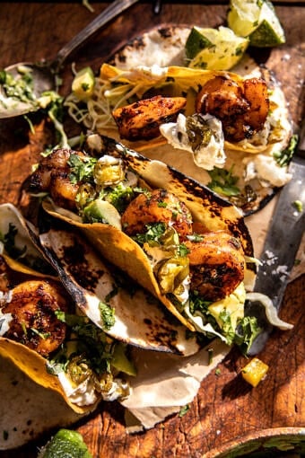 Sheet Pan Spicy Shrimp Tacos with Jalapeño Lime Crema | halfbakedharvest.com