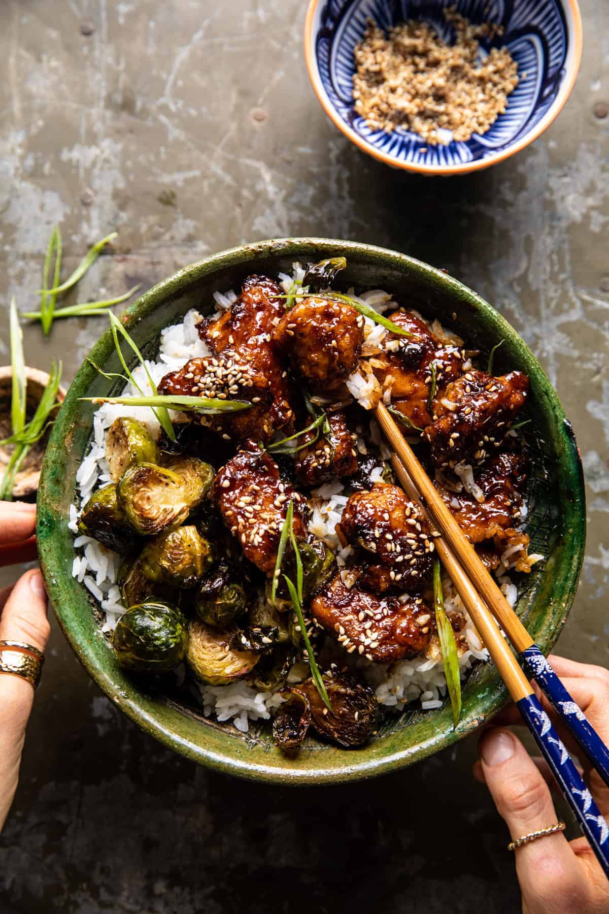 Sheet Pan Sticky Ginger Sesame Chicken and Crispy Brussels Sprouts | halfbakedharvest.com