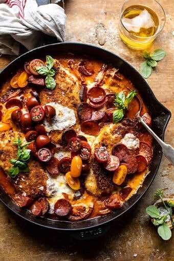 Skillet Cheesy Pepperoni Pizza Chicken | halfbakedharvest.com