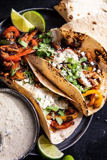 Skillet Chicken Fajitas with Creamy Jalapeño Verde Sauce | halfbakedharvest.com