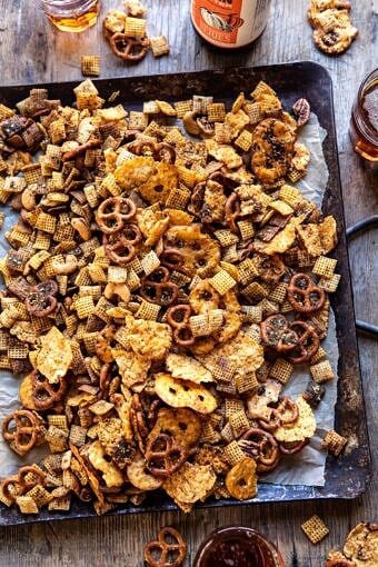 Spicy Ranch Chex Mix | halfbakedharvest.com #appetizers #snacks #easyrecipes #gameday #christmas #thanksgiving