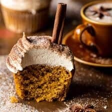 Vanilla Chai Pumpkin Latte Cupcakes with Cinnamon Brown Sugar Frosting | halfbakedhavest.com